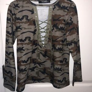 Camo Criss Cross V Neck Top
